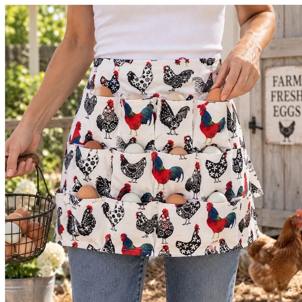 Egg Collection Gathering Apron Rooster Print White Chicken Farmhouse Pocketuon